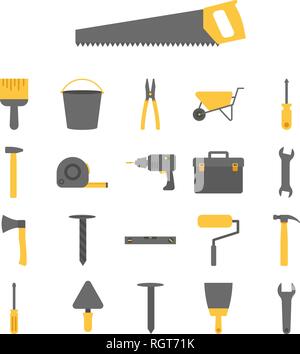 Construction tools vector icon set on white background Stock Vector