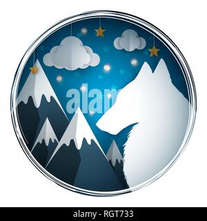 Origami wolf. Cartoon paper landscape. Stock Vector