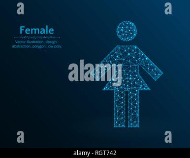 Female low poly vector illustration, woman icon on blue background, abstract design illustration Stock Vector