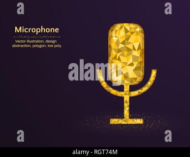 Golden microphone low poly vector illustration, polygon icon on a purple background Stock Vector