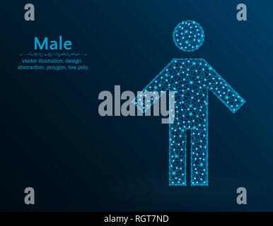 Male low poly vector illustration, man icon on blue background, abstract design illustration Stock Vector