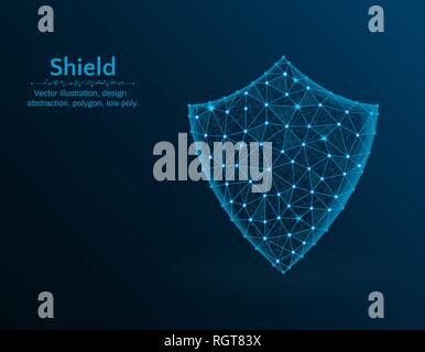 Shield vector low poly illustration, protection polygon icon on blue background, abstract design illustration Stock Vector