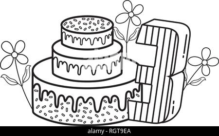 party cake with flowers and and candle number three Stock Vector