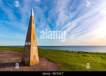 The Geoneedle at Orcombe Point, Exmouth, Devon,UK. Designed by Michael Fairfax to commemorate the opening of the World Heritage Jurassic Coast in 2002 Stock Photo