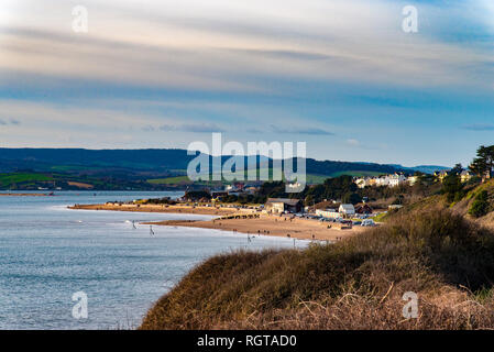 EXMOUTH, DEVON, UK - 17JAN2019: The eastern end of Exmouth Beach, near Maer Rocks and the Lifeboat Station. Looking west from the Heights of Orcombe. Stock Photo