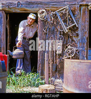 Older man selling old farm antiquities from his farm in Ontario, Canada, North America Stock Photo