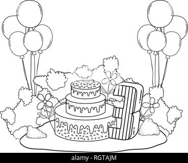 beautiful landscape with party cake and balloons helium Stock Vector