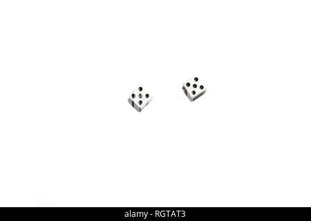 Isolated dice on a white isolated background cast a shadow, the cubes with black dots on which an equal number five fell out, a total of ten, indicati Stock Photo