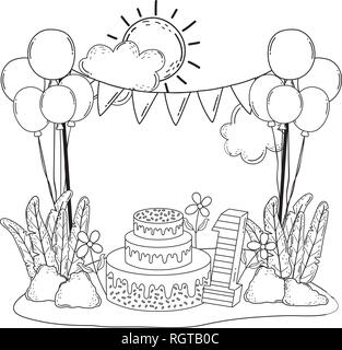 beautiful landscape with party cake and balloons helium Stock Vector