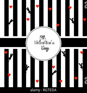 Style striped background With circle border box Black and white color. Silhouette black rabbits and red hearts. With place for congratulations, inscri Stock Vector