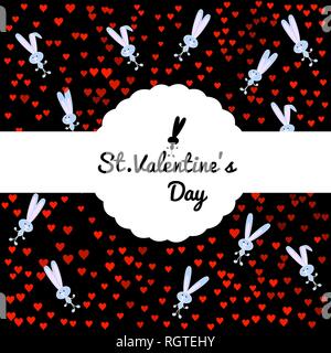 Festive card on black background with a cute gray bunny and confetti from red hearts. Round carved border box with white ribbon. For invitations to a  Stock Vector