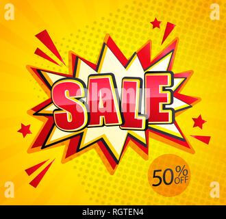 Comic Sale Boom banner in retro pop art style on sunburst background with dots,50 percent off.Special offer card, discount template, sticker tag, labe Stock Vector
