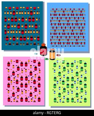 set of seamless patterns with colorful medical elements - vial, bottle, tablet, capsule. Bottles and pills. medicine and health endless background. Fo Stock Vector