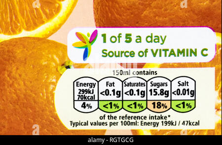 Traffic light system used on food and drink packaging for human consumption in the UK. Stock Photo