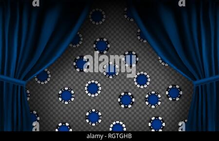 Realistic colorful red velvet curtain. Under the curtains gambling chips gambling. Option curtain at home in casino. Vector Illustration. EPS10 Stock Vector