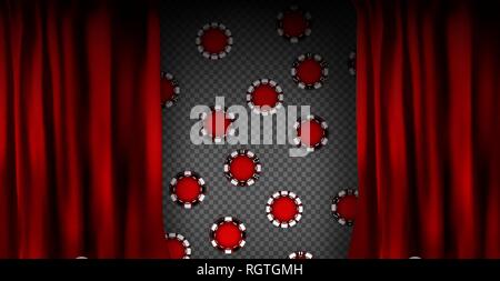 Realistic colorful red velvet curtain. Under the curtains gambling chips gambling. Option curtain at home in casino. Vector Illustration. EPS10 Stock Vector
