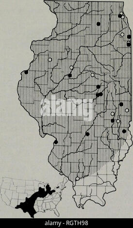 . Bulletin. Natural history; Natural history. 270 Illinois Natural History Survey Bulletin 'ol. 28, Art. Accordinji; to Wright (1941) the brood size in northern Illinois ranjies from 5 to 14, and the young are born in late August and early September. Illinois Distribution.—The niassasauga presumably was common over the northern four-fifths of Illinois before intensive culti- vation and drainage of prairie marshes. The species now occurs in widely scattered colo- nies, fig. 250, where the land is too marshy for cultivation or where, for various reasons, agricultural practices have diminished.  Stock Photo
