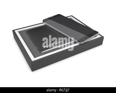Black opened rectangular box with black mobile phone on white background, 3d rendering. Stock Photo