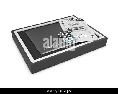 Opened rectangular box with casino chips and poker card on white background, 3d rendering. Stock Photo