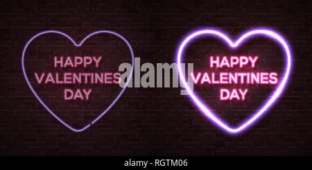Happy Valentines Day card with neon letters. Heart shape glowing electric frame. Turn on and off signs set for animation effect on dark red brick wall Stock Vector