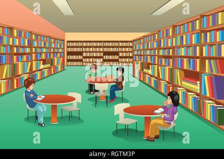 A vector illustration of Group of School Kids Studying in Library Stock Vector