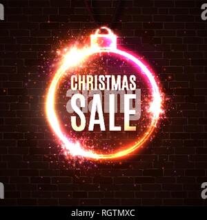 Christmas sale discounts banner. Neon style illuminated card postcard on dark red brick wall. Neon sign luminous poster night advertising Christmas sa Stock Vector