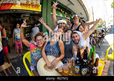 South America, Brazil - February 19, 2017: Friends having great fun during pre-Carnival festivities in downtown Rio de Janeiro. Stock Photo