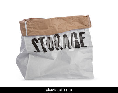 Empty big paper bag with storage written on the side. Isolated on a white background. Stock Photo