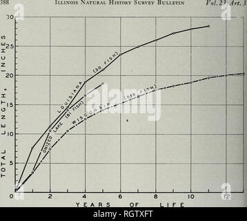 . Bulletin. Natural history; Natural history. Illinois Natural History Survey Bulletin Vol. 23, Art. 3. YEARS Fig. 3.—Average rate of growth of largemouth bass taken from Onized Lake, from Wiscon- sin and from Louisiana. The Onized Lake bass averaged about the same size as the Wisconsin bass in the first year and approached the size of the Louisiana bass during the second and third years. their growth rate was slow. Once the young bass became large enough to prey on other fish, they began to grow rapidly. Black Grappie Pomoxis nigro-maculatus (Le Sueur) The black crappie population at the time Stock Photo