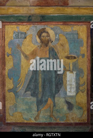 Saint John the Baptist as the Angel of the Desert depicted in the fresco by Russian icon painter Lyubim Ageyev and his workshop (1640-1641) in the west gallery (papert) of the Church of Saint Nicholas Nadein (Nikolai Nadein) in Yaroslavl, Russia. Stock Photo