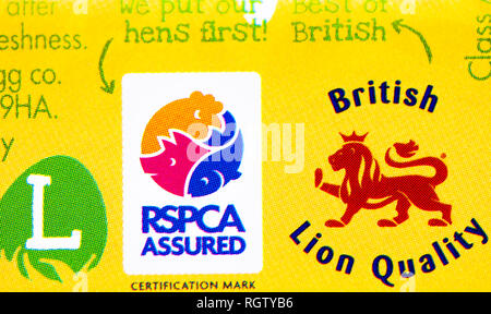 The Happy Egg co. egg carton stamped with the British Lion quality and the RSPCA assured logo. Stock Photo