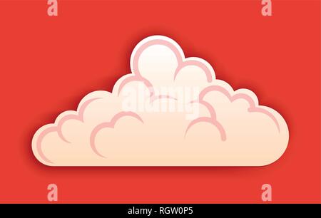 Fluffy cloud, vector clipart in cutted style on red background. Stock Vector