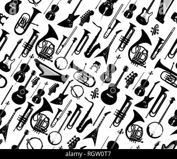 Seamless background with silhouettes of musical instruments black color isolated on white. Vector illustration Stock Vector