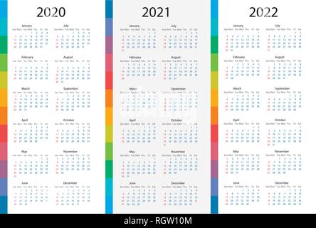 Calendar template set for 2020, 2021, 2022 years. Week starts on Monday Stock Vector