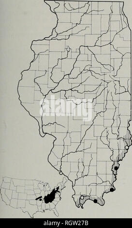 . Bulletin. Natural history; Natural history. November, 1961 Smith : Amphibians and Reptiles of Illinois 27. Fig. 17.—Distribution of Cryptohranchus al- leganiensis allcganiensis. Hatching indicates the presumed range of the species in Illinois; solid circles indicate localities represented by specimens examined during this study; open circles, localities represented by published records believed to be valid. The lower map depicts the total range of the species in the United States. The Blatchley record referred to on page 26 is not plotted. eastern part of this state and may ascend short dist Stock Photo