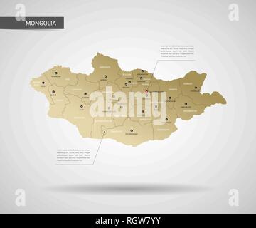 Stylized vector Mongolia map.  Infographic 3d gold map illustration with cities, borders, capital, administrative divisions and pointer marks, shadow; Stock Vector