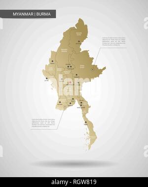 Stylized vector Myanmar Burma map.  Infographic 3d gold map illustration with cities, borders, capital, administrative divisions and pointer marks, sh Stock Vector