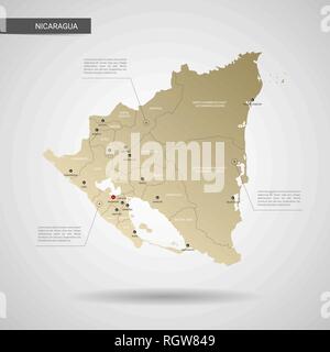 Stylized vector Nicaragua map.  Infographic 3d gold map illustration with cities, borders, capital, administrative divisions and pointer marks, shadow Stock Vector