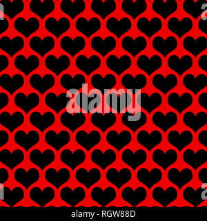 Black Hearts on a red background textured pattern. Stock Photo