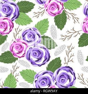 Seamless pattern with cute doodle flowers roses and leaves on white background, vector illustration Stock Vector