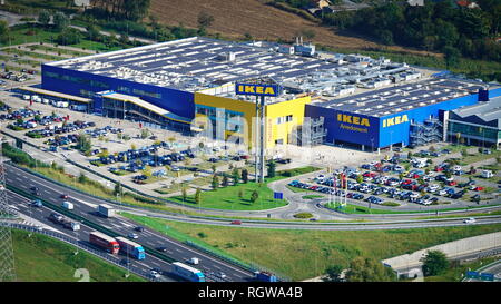 Turin, Italy - September 2018: Aerial view over the local Ikea store and the customer parking Stock Photo