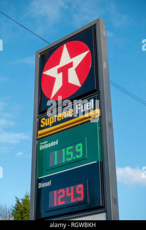 Texaco fuel station forecourt sign with fuel prices