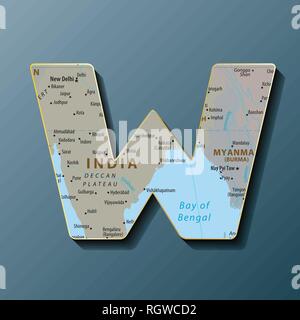 Vector illustration of uppercase letter W with map to use monograms, logos,emblems Stock Vector