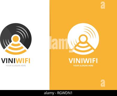 Vector vinyl and wifi logo combination. Record and signal symbol or ...