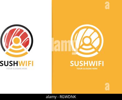 Vector sushi and wifi logo combination. Japanese food and signal symbol or icon. Unique seafood and radio, internet logotype design template. Stock Vector