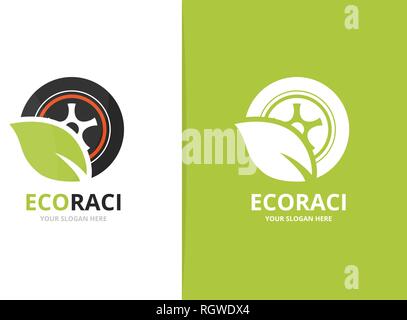 Vector wheel and leaf logo combination. Tire and eco symbol or icon. Unique tyre and organic logotype design template. Stock Vector