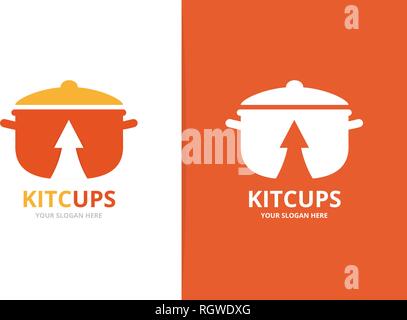 Vector pot and arrow up logo combination. Kitchen and growth symbol or icon. Unique pan and upload logotype design template. Stock Vector
