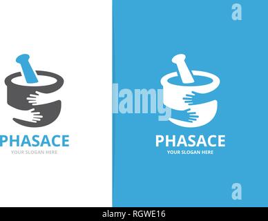 Vector pharmacy and hands logo combination. Pounder and hug symbol or icon. Unique mortar and pestle logotype design template. Stock Vector