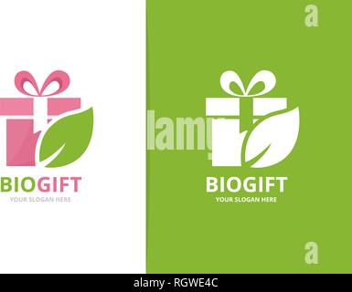Vector gift and leaf logo combination. Present and eco symbol or icon. Unique surprise and organic logotype design template. Stock Vector