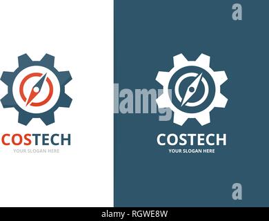 Vector compass and gear logo combination. Navigation and mechanic symbol or icon. Unique travel and industrial logotype design template. Stock Vector